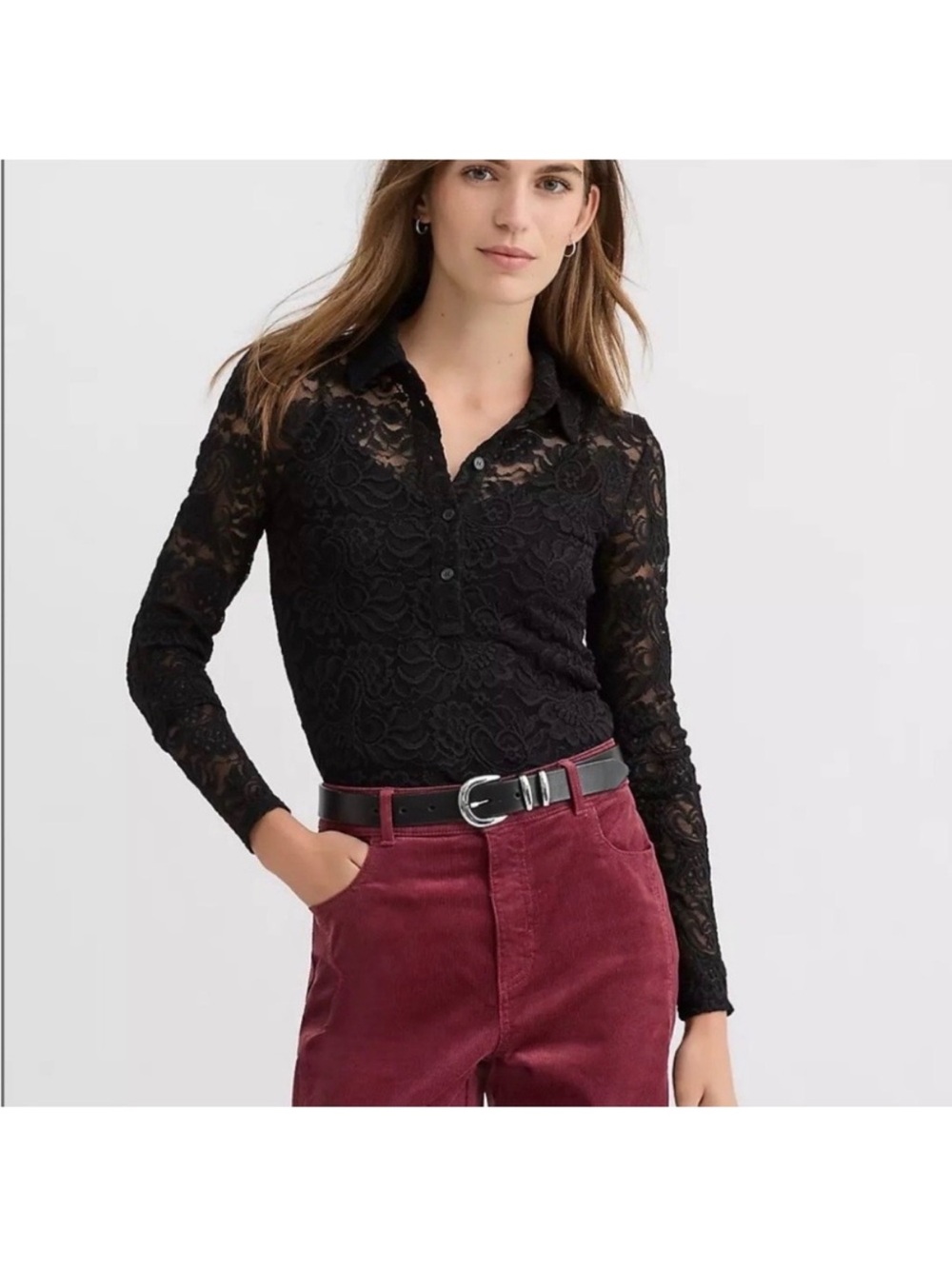 The LOFT Lace Polo Long-Sleeve Top - Black